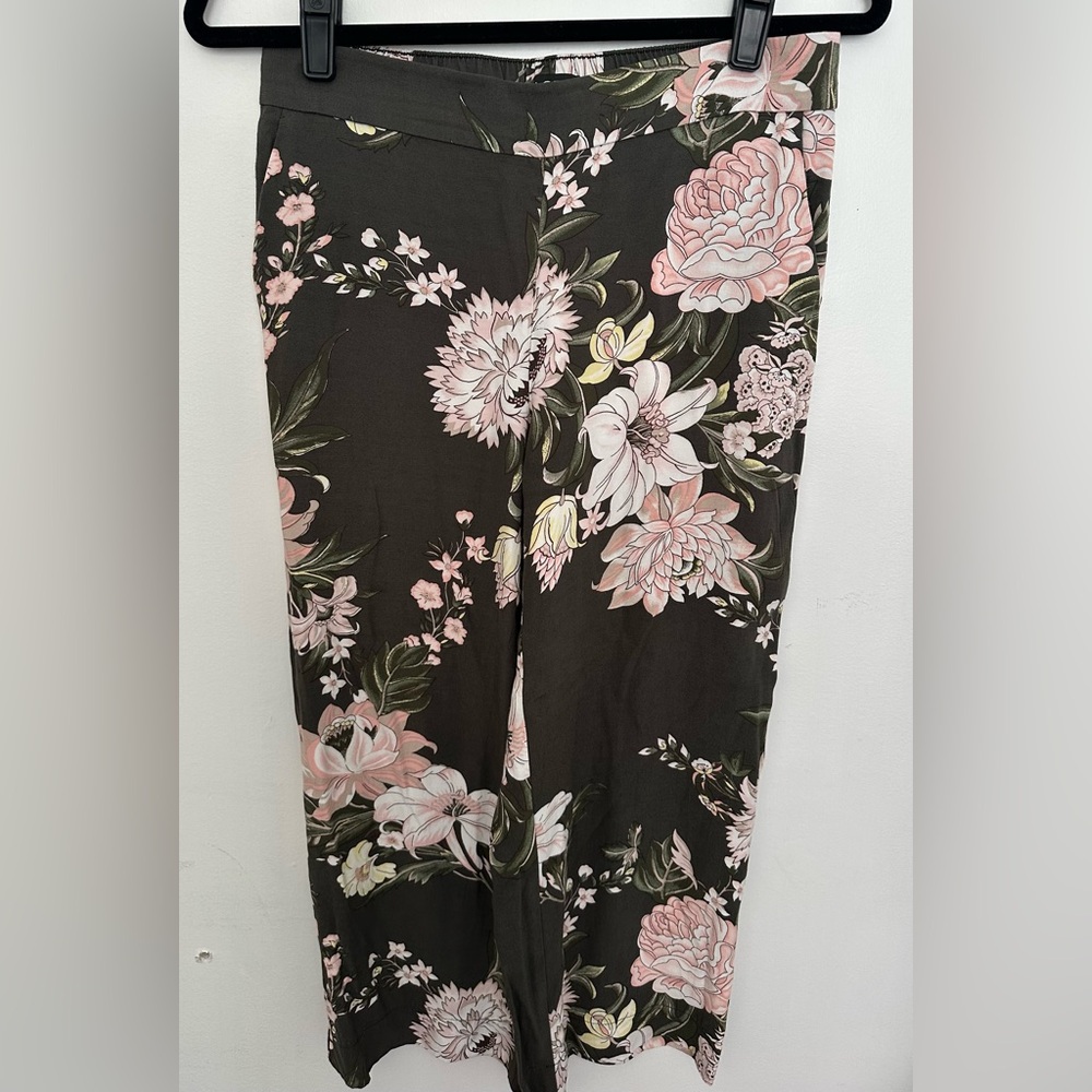 LOFT Petite Olive Green and Blush Floral Wide Leg Pants